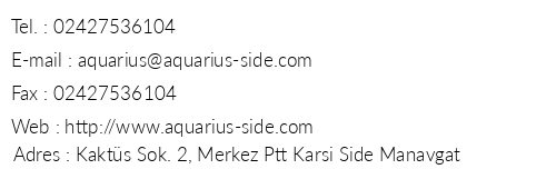 Side Aquarius Hotel telefon numaralar, faks, e-mail, posta adresi ve iletiim bilgileri